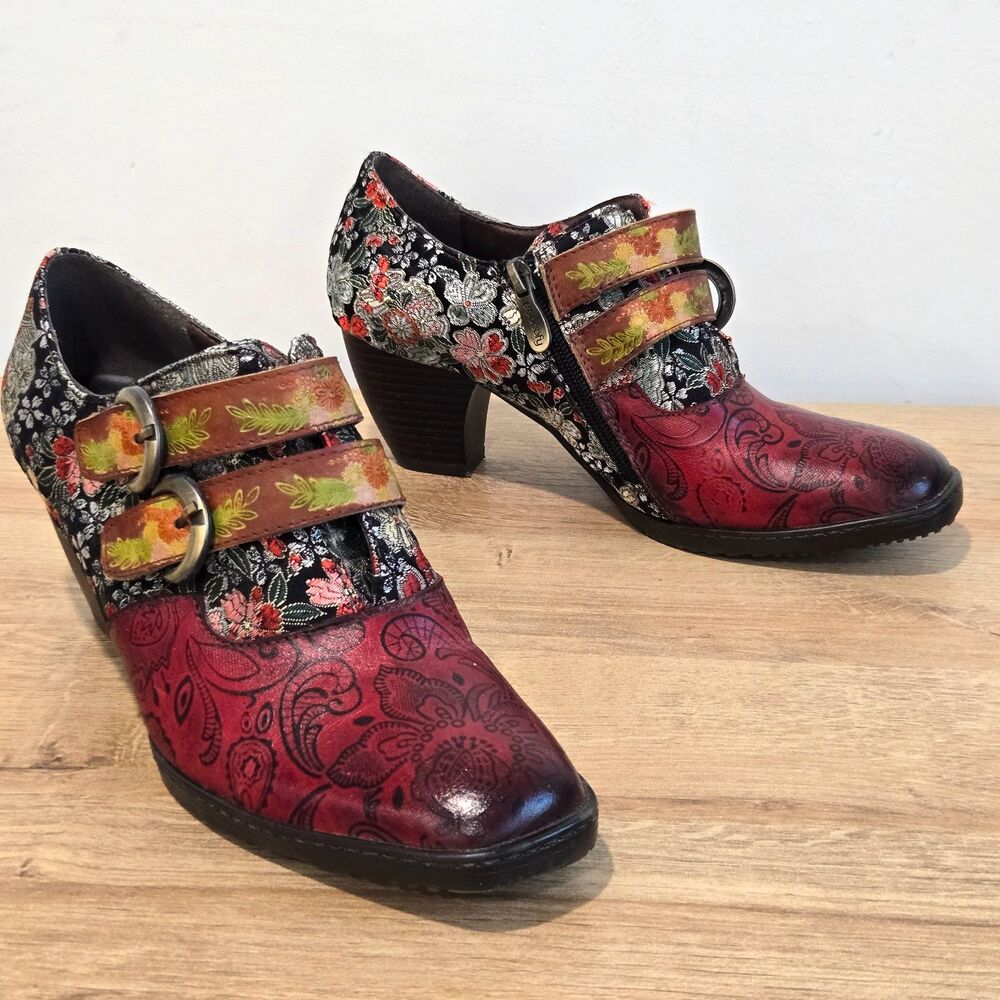SOCOFY Womens Ankle Booties Shoe 8 / 39 Hook Loop Strap Floral Western victorian